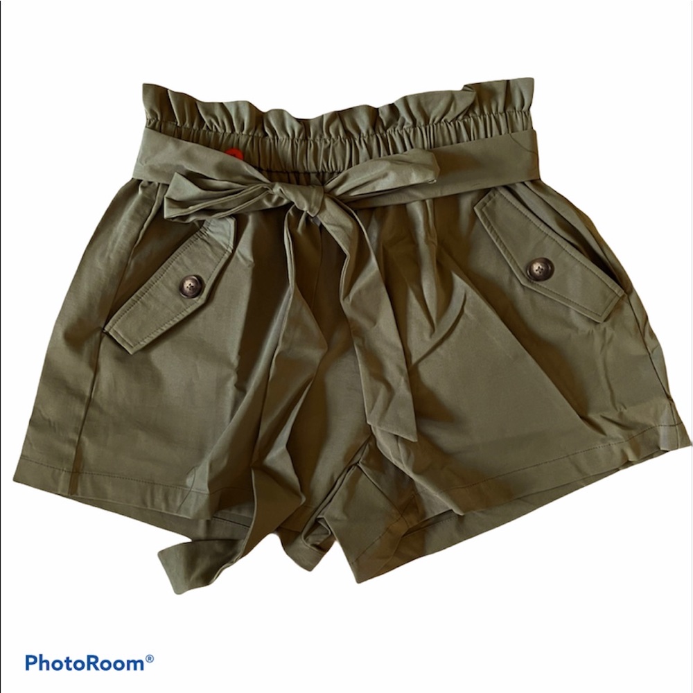 Olive Paperbag Shorts W/Side Pockets And Tie Sz 1X - Picture 5 of 9